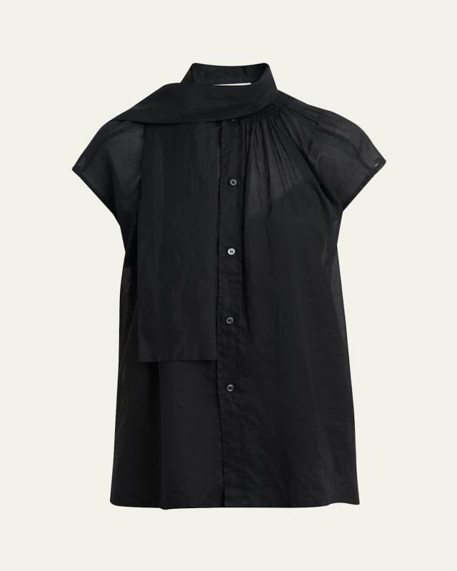 Scarf-Neck Button-Down Blouse